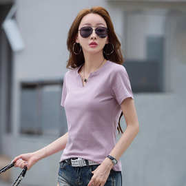 6621#夏季新款韩版短袖小v领纯色t恤女装显瘦5A抗菌小衫一件代发