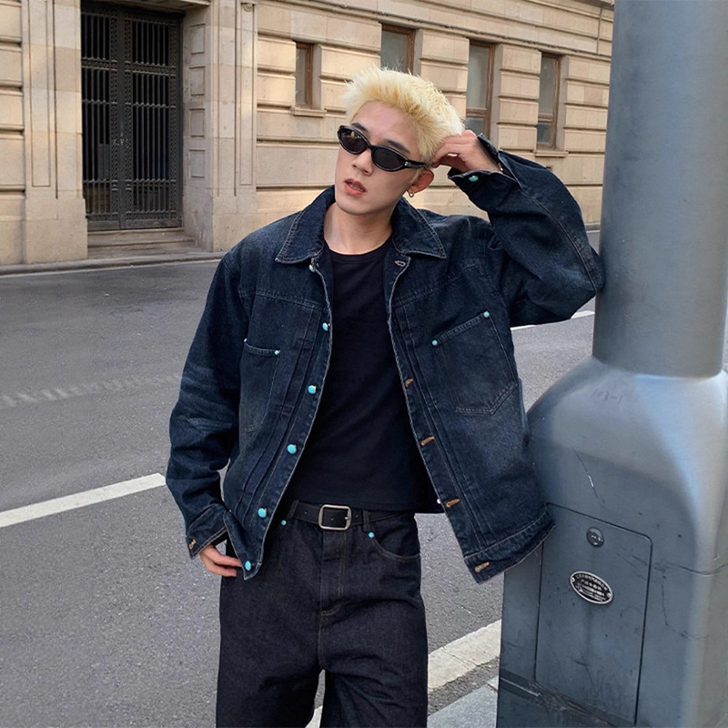 Designed Turquoise Button Washed Denim Jacket Men's Autum Retro Distressed Casual Versatile Lapel Jacket