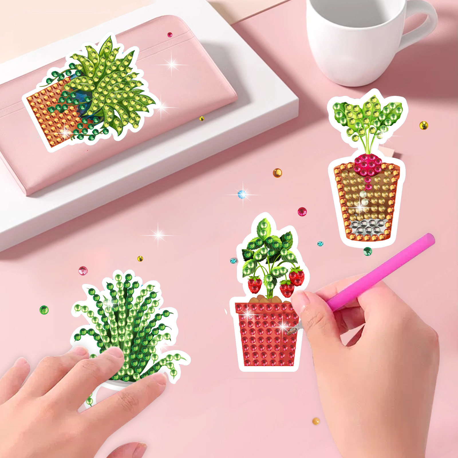 Venta caliente cactus planta en maceta diamante pintura libre pegatinas DIY pegatinas de pared pegatinas hechas a mano 5d cristal brillante diamante