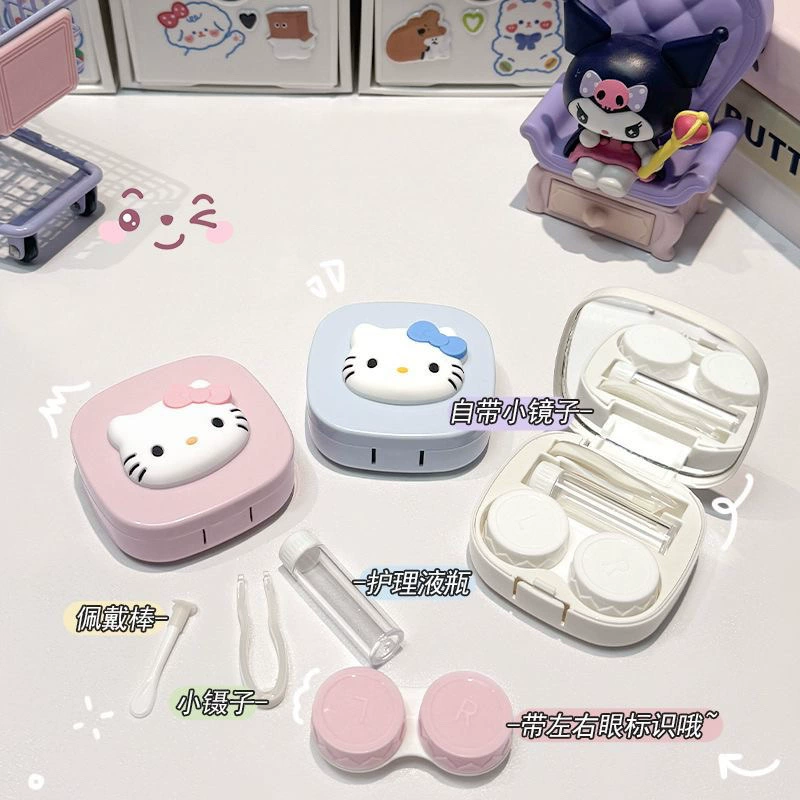 Hello Kitty, невидимые мультяшные стильные очки,双 портативное банка для хранения, зеркало, пинцет