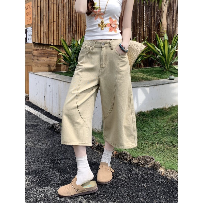 Plus-Size Khaki Cropped Wide-Leg Jeans for Women, New Spring Style, High-Waisted, Slimming, Loose-Fitting, Thin Mid-Length Pants for Petite Figures