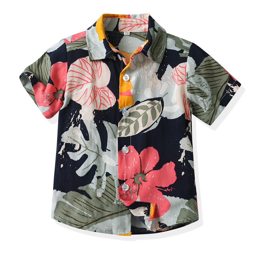 Camisa de flores hawaiana de manga corta con solapa de manga corta de verano 2025 estilo de moda padre e hijo cárdigan casual de algodón floral traje para padres e hijos