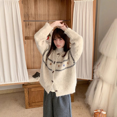 费尔岛毛衣开衫女秋冬季新款牛角扣宽松慵懒风森系提花针织衫外套
