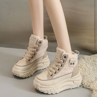 New 2024 Winter high-top women's shoes fleece-lined cotton-padded shoes warm lambswool thick sole increased Korean style ins students
