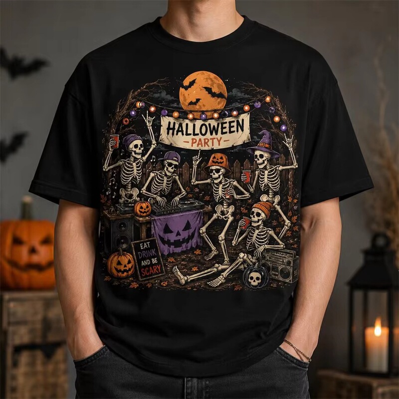 DJ Hip Hop Music and Skull Print Halloween T-Shirt Men's Funny Party Costume Short Sleeve T-Shirt Top Festival