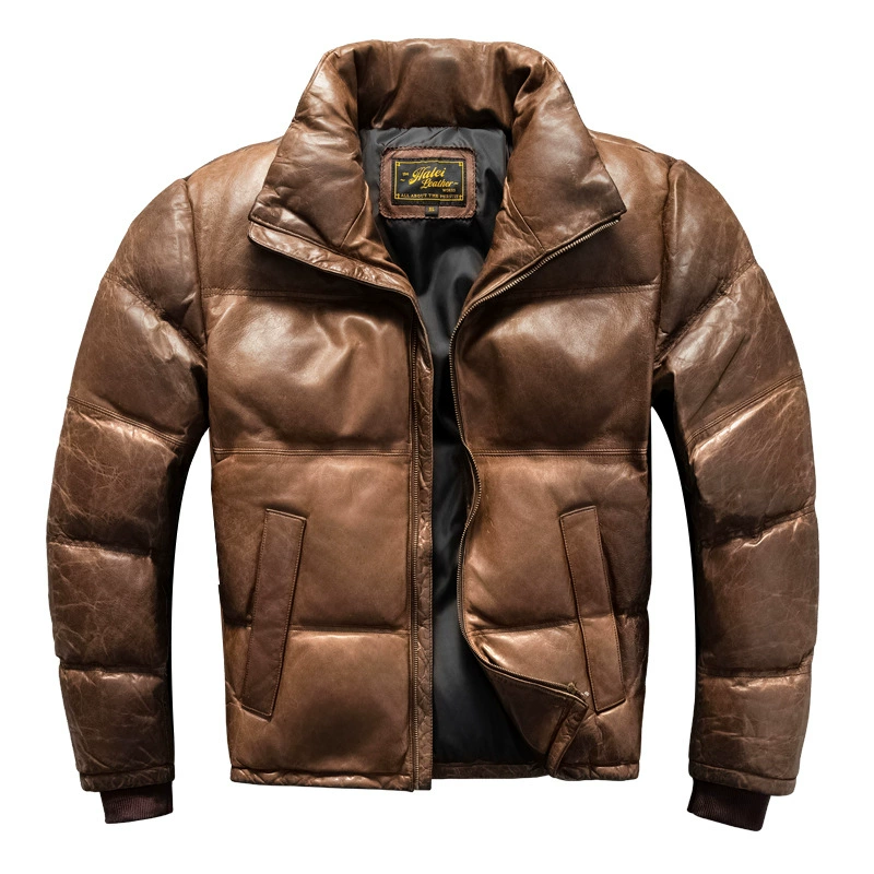 Short keep warm universal winter down jacket, genuine leather