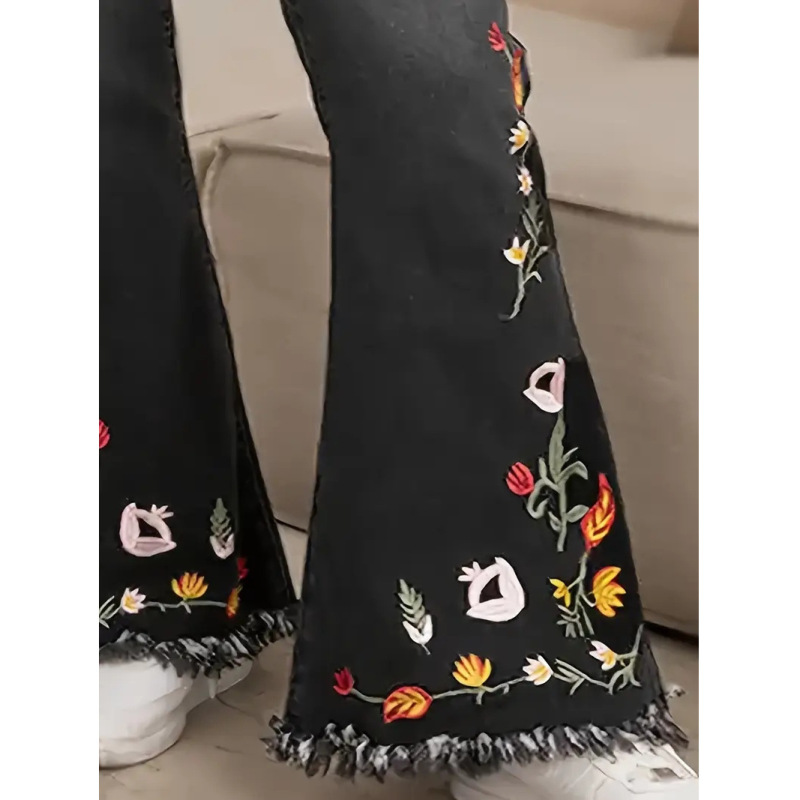 2025 春夏新作刺繍ストレッチジーンズノスタルジックウォッシュデニムレディース大きいサイズマイクロフレアデニム|undefined