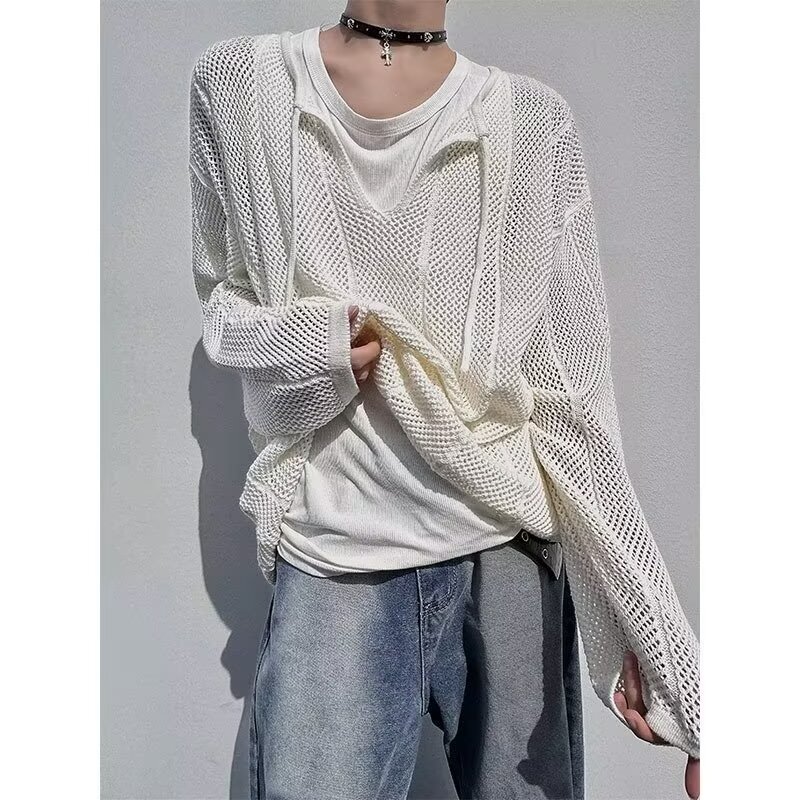 Hombres y mujeres, camisas de punto huecas, nuevas camisas de moda sueltas, camisas de protección solar delgadas, camisas de cuello en V, camisas de manga larga, camisas de moda