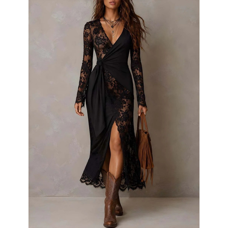 Retro Western-style deep wrap lace long dress with tie waist, sheer slit, and sexy long sleeves Retro Western-style deep wrap lace long dress with tie waist, sheer slit, and sexy long sleeves