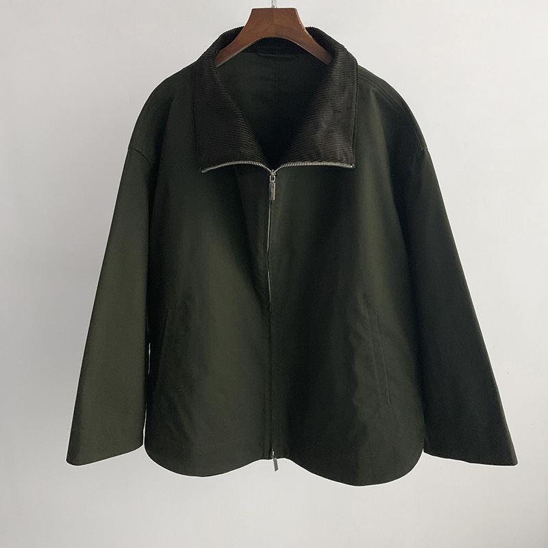 Double-Zip Textured Loose Jacket with Funnel Collar, Corduroy Splicing, Double Side Hem Slits, Silhouette Jacket