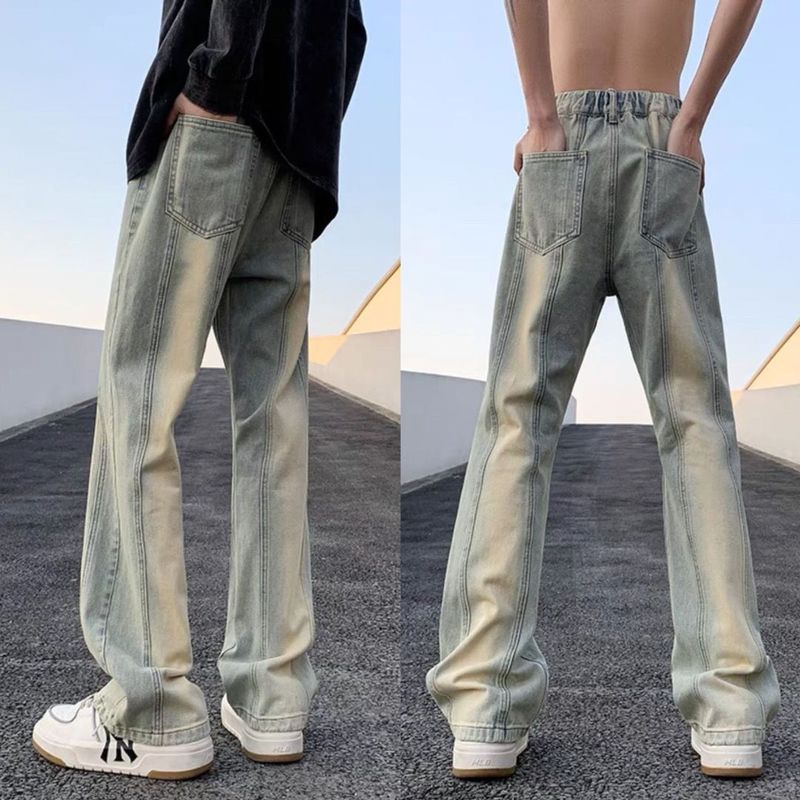 American Vibe Style Pants for Men 2025 All Year Round High Street Washed Yellow Mud Dyed Jeans Slightly Flared Slim Fit for Small Men