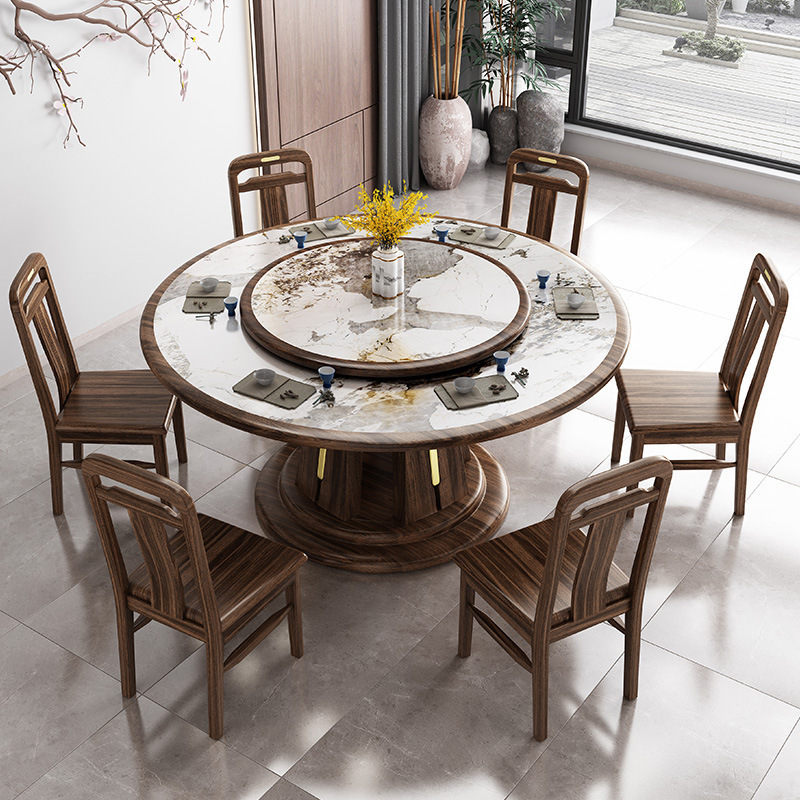 新中式烏金木實木餐桌椅組合大戶型酒店餐廳2米圓桌1.8米岩板飯桌