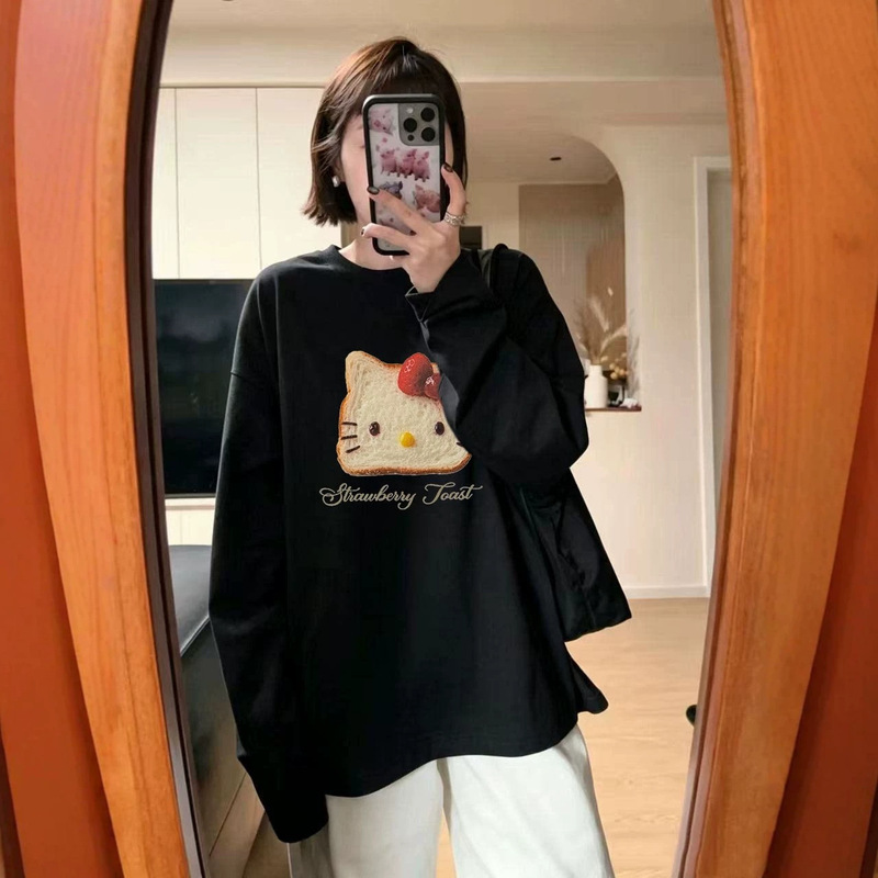 Black pure cotton kitty long-sleeve t-shirt for women, new spring and autumn style, loose and casual design, niche base shirt top
