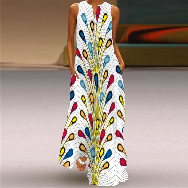 2024 mujeres de verano de moda sexy Impresión digital con cuello en V sin mangas vestido largo bolsillo europeo y americano vestido S-5XL