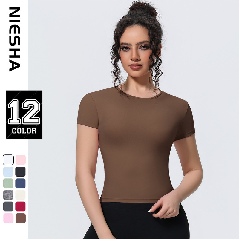 European and American Casual Pure Color Sports Short-Sleeved Waist Slim Breathable Yoga T-Shirt Running Training Nude Fitness Top