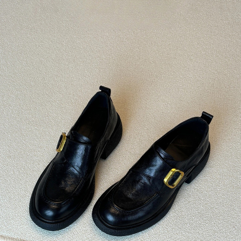 Genuine leather British-style buckle loafers for women, thick-soled slip-on shoes in old money style, chunky-heeled small leather shoes with plush lining Genuine leather British-style buckle loafers for women, thick-soled slip-on shoes in old money style, chunky-heeled small leather shoes with plush lining