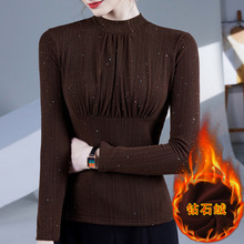 褶皱打底衫女冬装2025年加绒加厚网纱长袖t恤洋气内搭上衣女