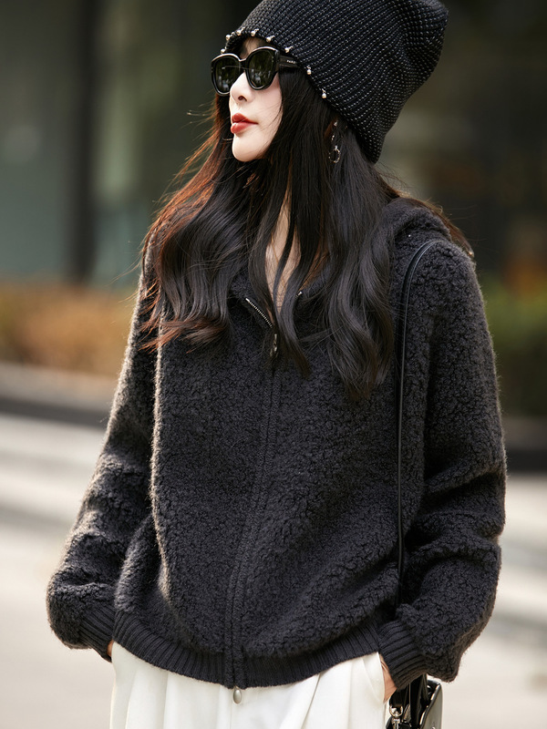 26-Year Autumn and Winter New Pure Wool Hooded Knit Cardigan with Zipper, Long-Sleeve Women's Looped Wool Solid Color Soft and Warm Top 26-Year Autumn and Winter New Pure Wool Hooded Knit Cardigan with Zipper, Long-Sleeve Women's Looped Wool Solid Color Soft and Warm Top