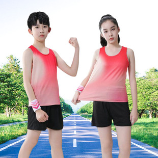 Track and Field Suit Kidsren's Short-Sleeved T-Shirt Kidsren's Red and White Training Quick-Drying School Primary School Students Fast and Slow Running Clothing