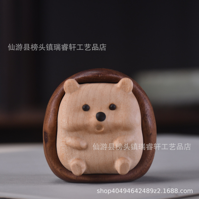 ブナ材の木彫り小さなハリネズミ癒しのドーパミン装飾品無垢材スプライシングクリエイティブ文具ハンドピース無垢材ポータブル|undefined