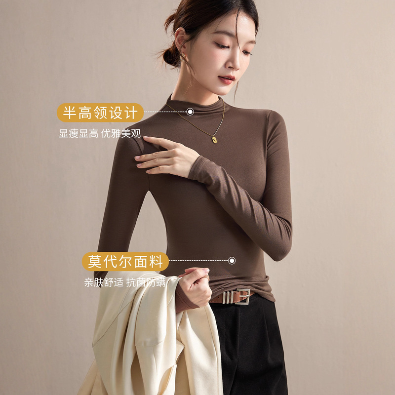 High-End Half-Turtleneck Base Shirt for Women, Autumn and Winter Black Long-Sleeve Top, 2025 New Spring and Autumn Modal T-Shirt