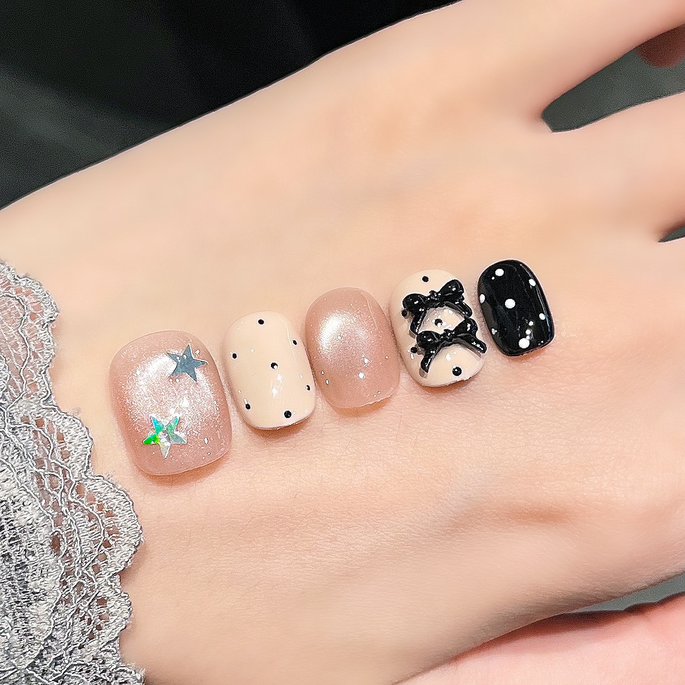 Uña hecha a mano pura, ojo de gato, uña pintada a mano, punto ondulado, uñas falsas cortas, parches de uñas lindos, productos terminados.