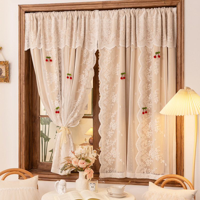 French-Style Lace Double-Layer Blackout Curtains for Small Windows, No-Drill Installation, Children's Room Princess Style Bedroom Bay Window Cherry Door Curtain