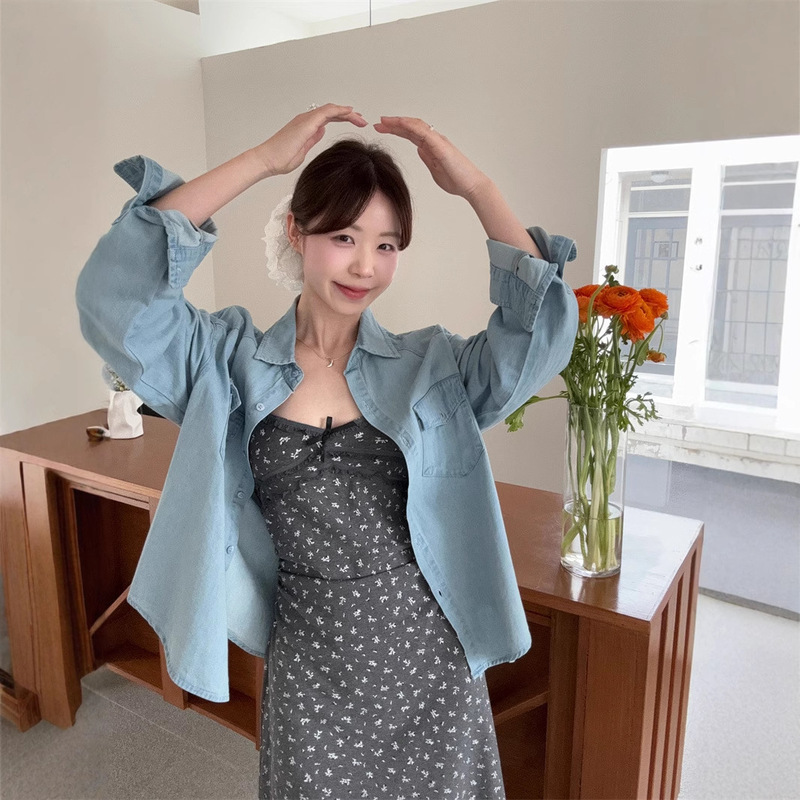 Real Shot 2025 Spring and Summer New Simple Stacked Denim Shirt Pure Desire Floral Sling Waist dress Women