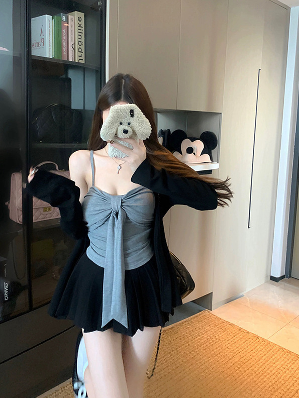 魔西女王韩版休闲气质套装秋季辣妹蝴蝶结抹胸外搭开衫上衣两件套|undefined