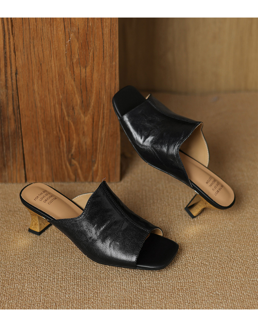Sandal cao gót nữ hở mũi quai ngang da cừu gót 5 cm — đen chi tiết 19