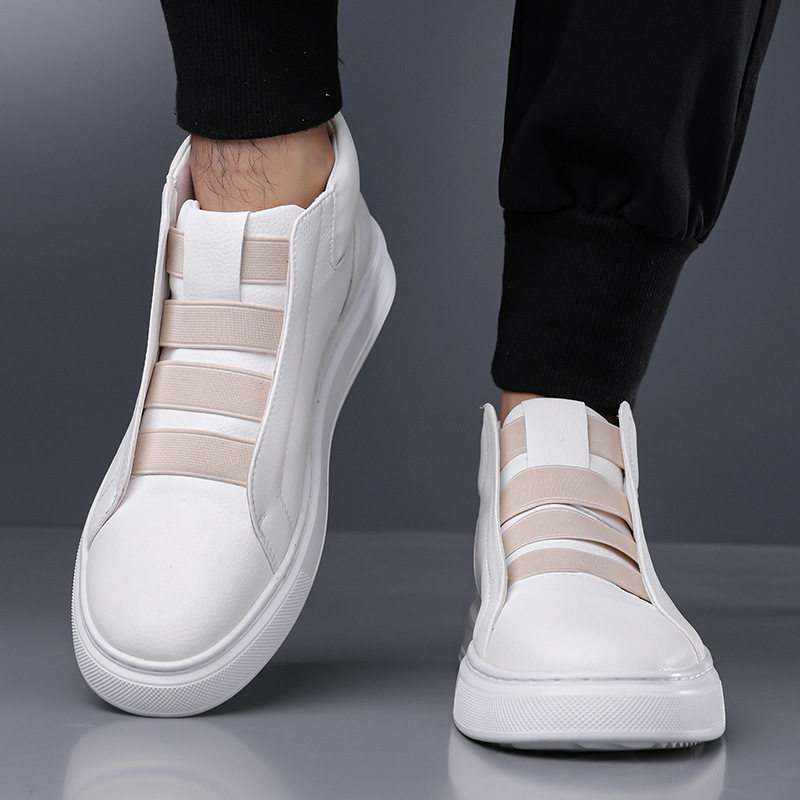 Giày sneaker nam phối da, dây chun co giãn không dây buộc, chống trượt, kiểu lười xỏ chân — Màu trắng, màu đen