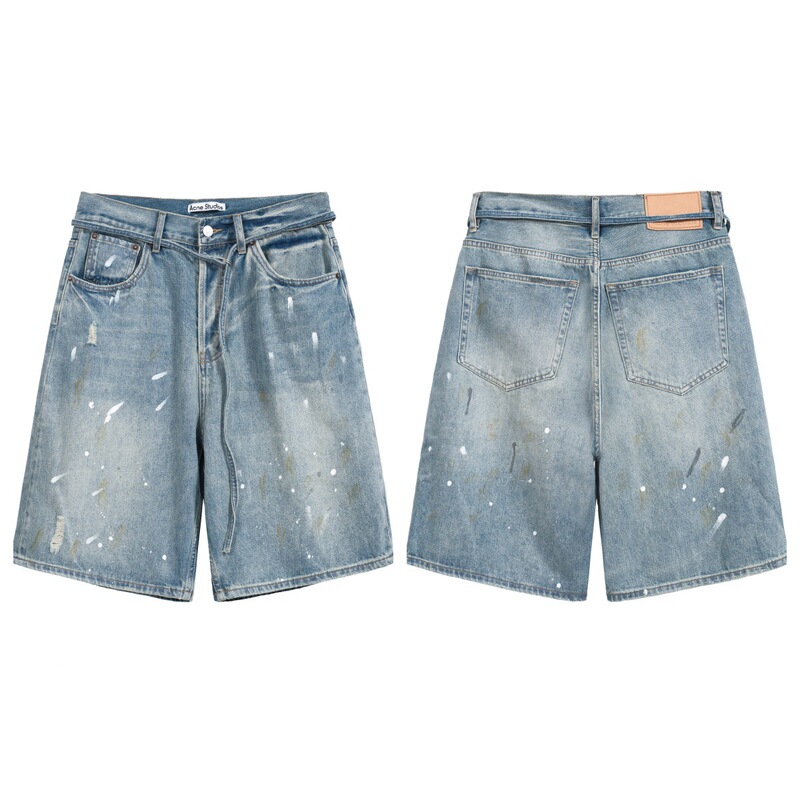 26 New Models of Ac Vintage-Style Hand-Painted Splatter Denim Shorts, Versatile Street Style Couple's Wide-Leg Knee-Length Shorts for Summer