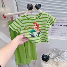 女宝宝条纹短袖套装2025夏季新款卡通印花洋气冰凉阔腿裤两件套童