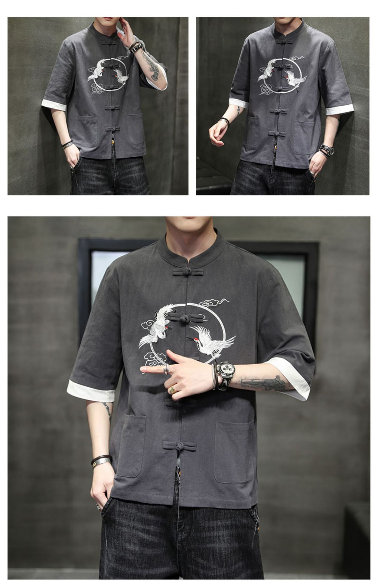 2024 Summer Chinese cotton linen short sleeved men's Tang embroidery Han style loose China-Chic shirt men_autovado.com