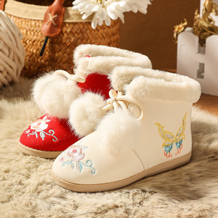 Hanfu Shoes Girls' Antique Hanfu Boots Children's Embroidered Shoes Guofeng Little Princess Ancient Suit Winter fleece-lined New Year Shoes