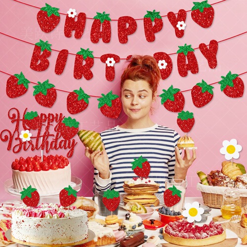 New Fruit Strawberry Themed Birthday Party Decoration Happy Birthday Flag Cake Decoration Strawberry Vignette
