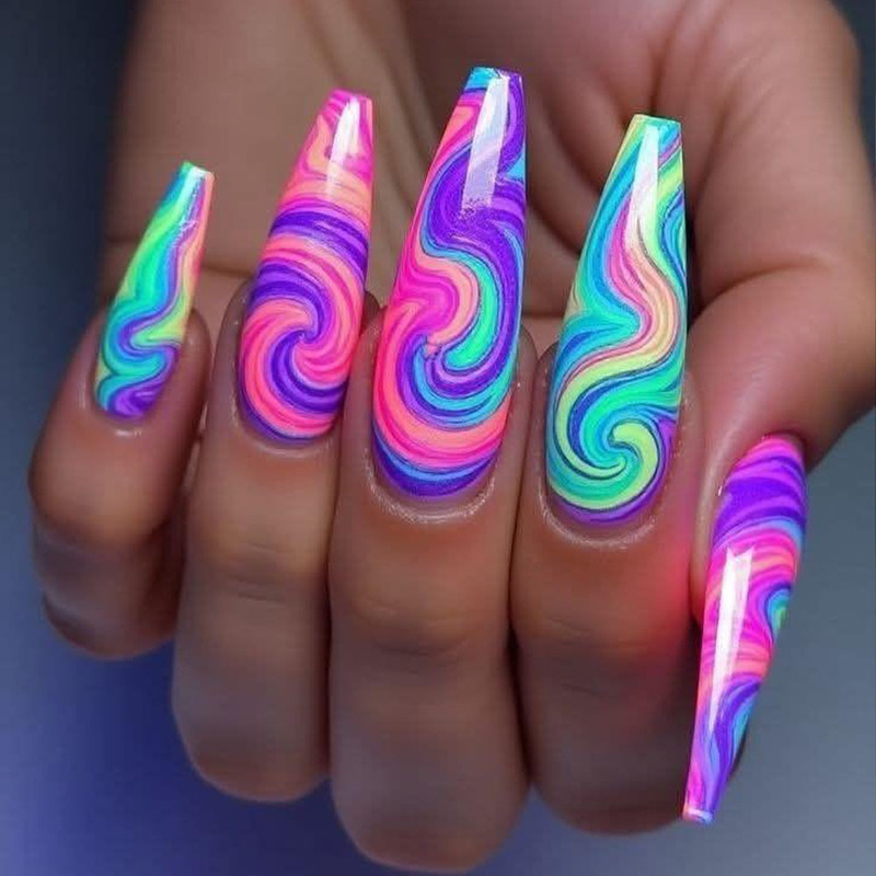 Multicolor Long Ballet Manicure Patches Rainbow Swirl Gradient Fake Nails Removable Export Wearable Nails