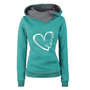2024 autumn and winter cross-border women's sweater casual hooded slim top printed love fleece-lined pullover sweater