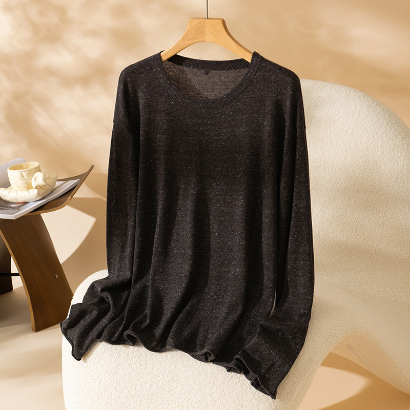 2025 Puyuan Early Autumn New Natural Rolled Edge Shell Button Linen Sheep Wool Round Neck Knitwear Top Women's Casual