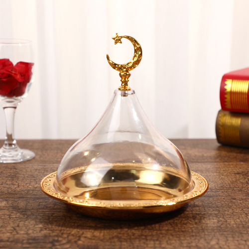 Factory direct sales European elegant and atmospheric alloy solid color carved disc portable acrylic cover cake dessert plate