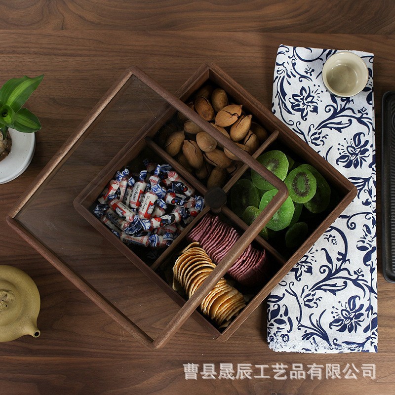 Vintage Nogal Negro caja de frutos secos cubierta de acrílico compartimiento snack caja de madera maciza caramelo melón semillas caja de tuerca