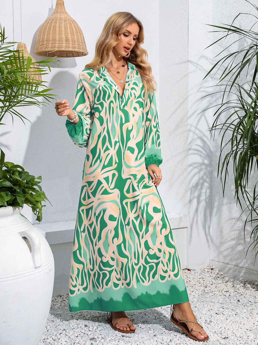 Holiday, Daily Occasion Wholesale Women's Elegant Vacation Printing Button Color Block Holiday Daily V Neck Long Sleeve Swing Dress
