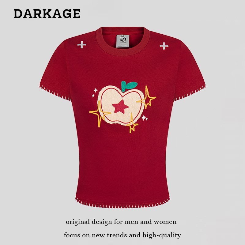 2025 New Hot Girl Right Shoulder Embroidered Apple Short-Sleeved T-Shirt Women's Bm Style Sweet Cool Red Versatile Short-Sleeved Top