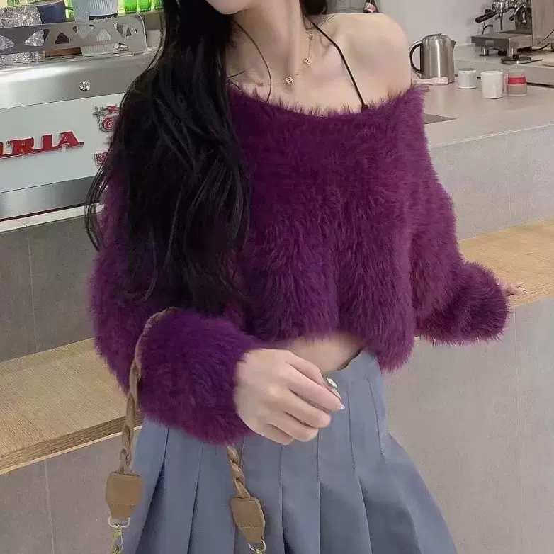 慵懒风软糯水貂绒短款毛衣女秋冬新款宽松露肩内搭针织衫长袖上衣