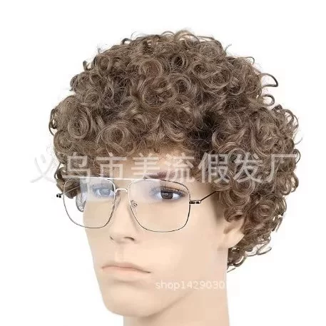 New Foreign Trade Men's Wig, African Curly Brown Fluffy Synthetic Fiber Wig, Yiwu Manufacturer, Brown Short Curly Men's Hair