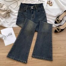 水泥灰弹力微喇牛仔裤女春季新款高腰修身显瘦小个子双扣喇叭裤