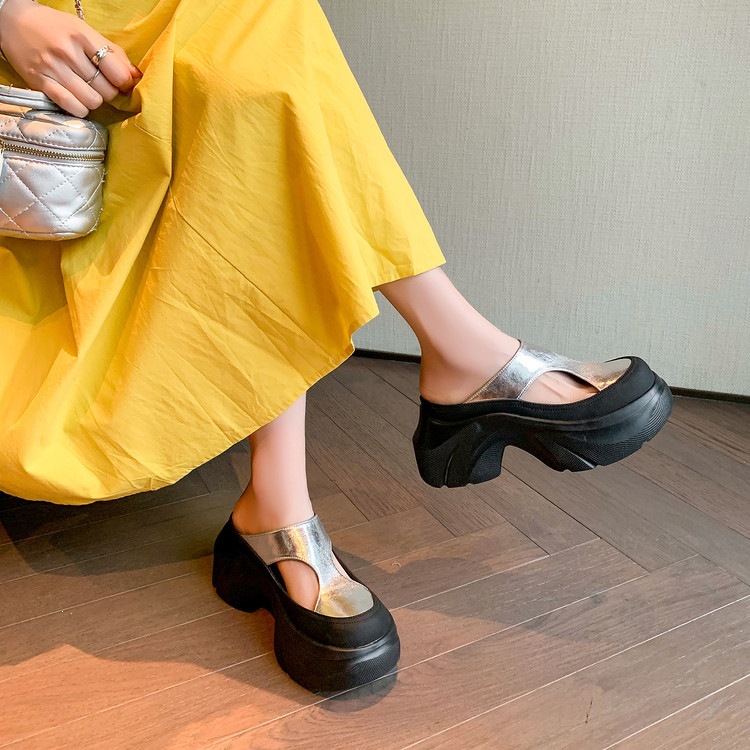 Dép sandal nữ da thật họa tiết da báo đế xuồng cao gót 9 cm — Trang chủ, màu đen, bạc chi tiết 89