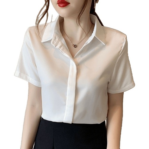 Linen Shirt for Women - Summer 2025, Elegant, Slimming, Mature-Style Professional Polo Collar Short-Sleeve Square Shoulder Top