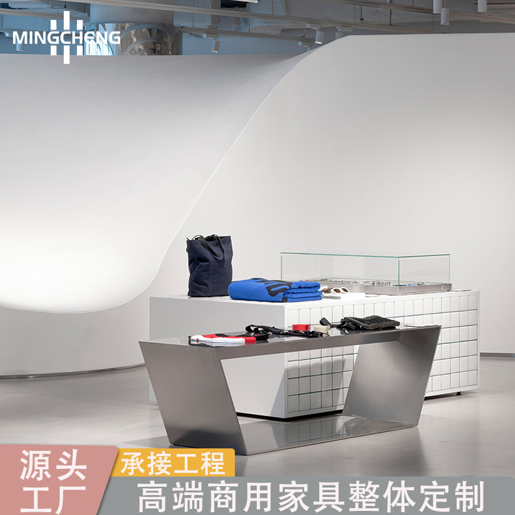 潮流服装店展示架不锈钢包包展示台折叠衣服中岛流水台玻璃产品柜