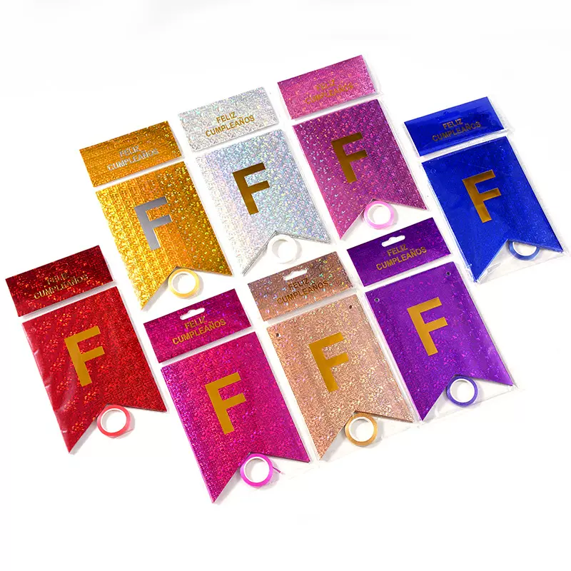 西文烫金镭射鱼尾旗金葱横幅风旋猫眼横拉丝圆点碎片镭射西语拉旗